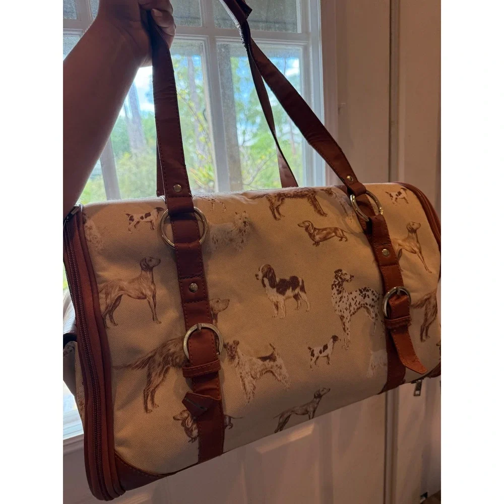 Laura Ashley Dog Print Pet Carrier Bag Brown Tan Canvas Small Animal Travel Tote